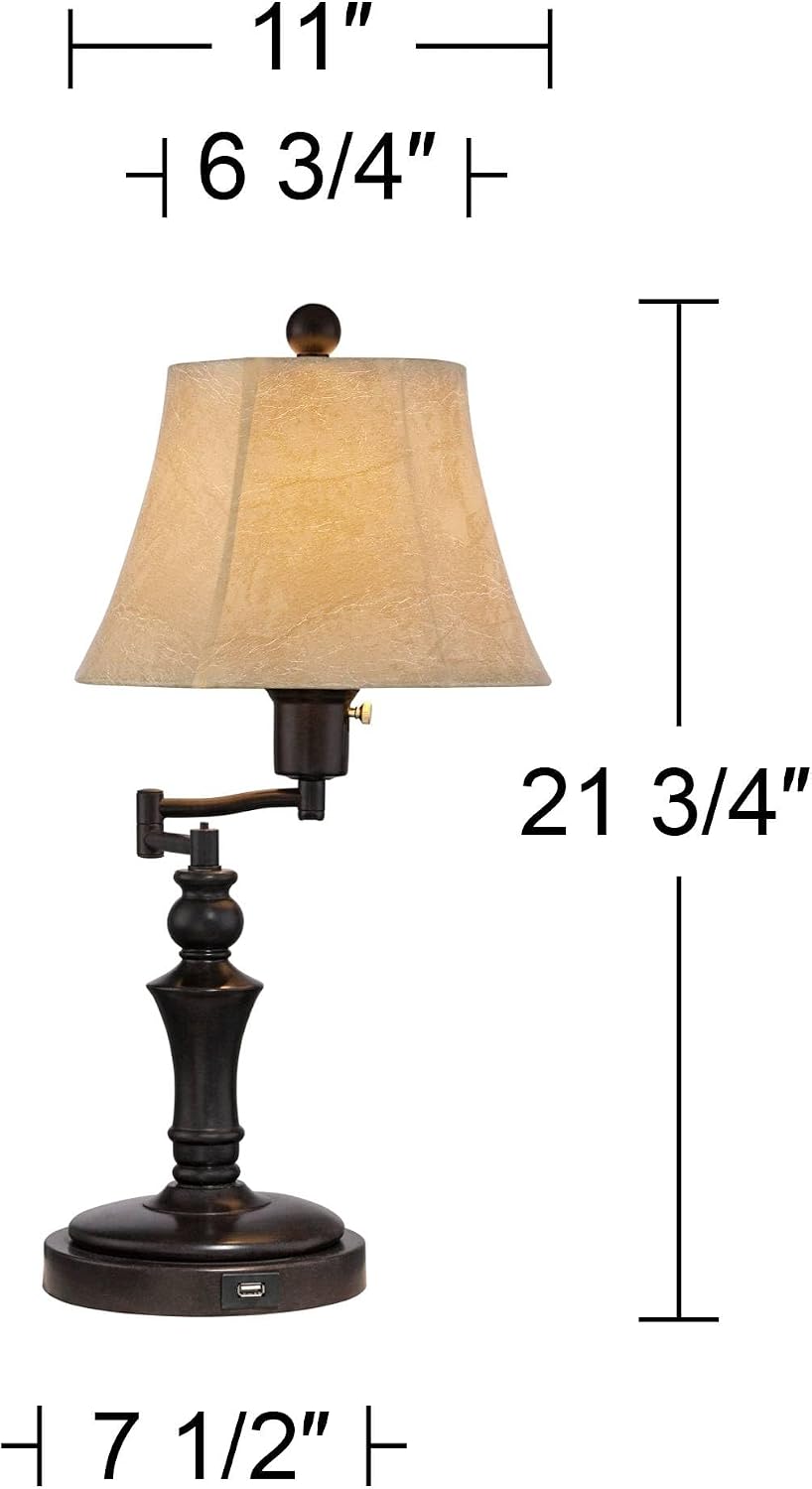 Regency Hill Corey Hill Traditional Rustic Natural Cottage Swing Arm Desk Table Lamps 21.75' High Set of 2 with USB Charging Port Bronze Metal Faux Leather Bell Shade for Living Room Bedroom