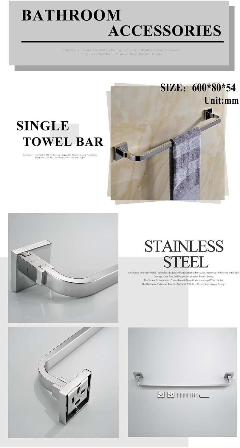 IsolaY Silver Bathroom Accessories Screw Wall Mounted Towel Bar Robe Hooks Toilet Paper Roll Holder Stainless Steel Hardware Set,Towel bar
