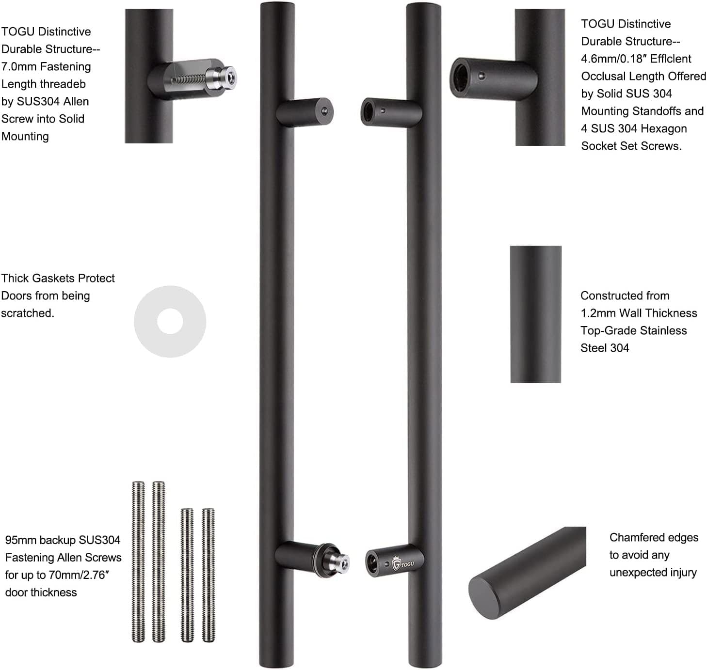TOGU TG-6012 60-Inch Double-Sided Push Pull Door Handle, Matte Black SUS304 Stainless Steel Ladder Pull, Heavy-Duty for Commercial Glass, Residential Wood Barn & Metal Doors (1500 * 38mm)