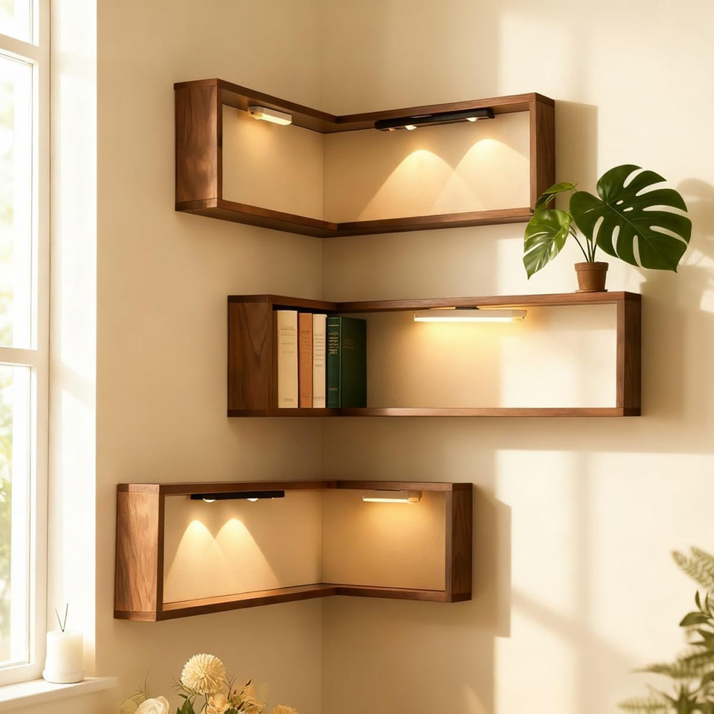 Smart Corner Shelves That Light Up Your Space, Floating Shelves with Led Lights, Floating Shelf with Light, Wooden Corner Shelves, with Lamp & Display Rack, for Display & Decor (With Lights-5PCS)