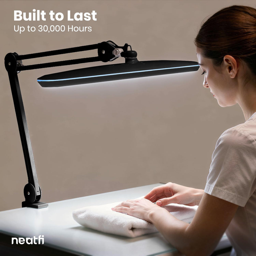 Neatfi XL 2,200 Lumens 24W LED Desk Lamp – 23' Wide Shade | Dimmable Eye-Caring Task Light | Adjustable Arm | Home Office, Study, Crafts & Nail Tech (Black, Non-CCT with Clamp)