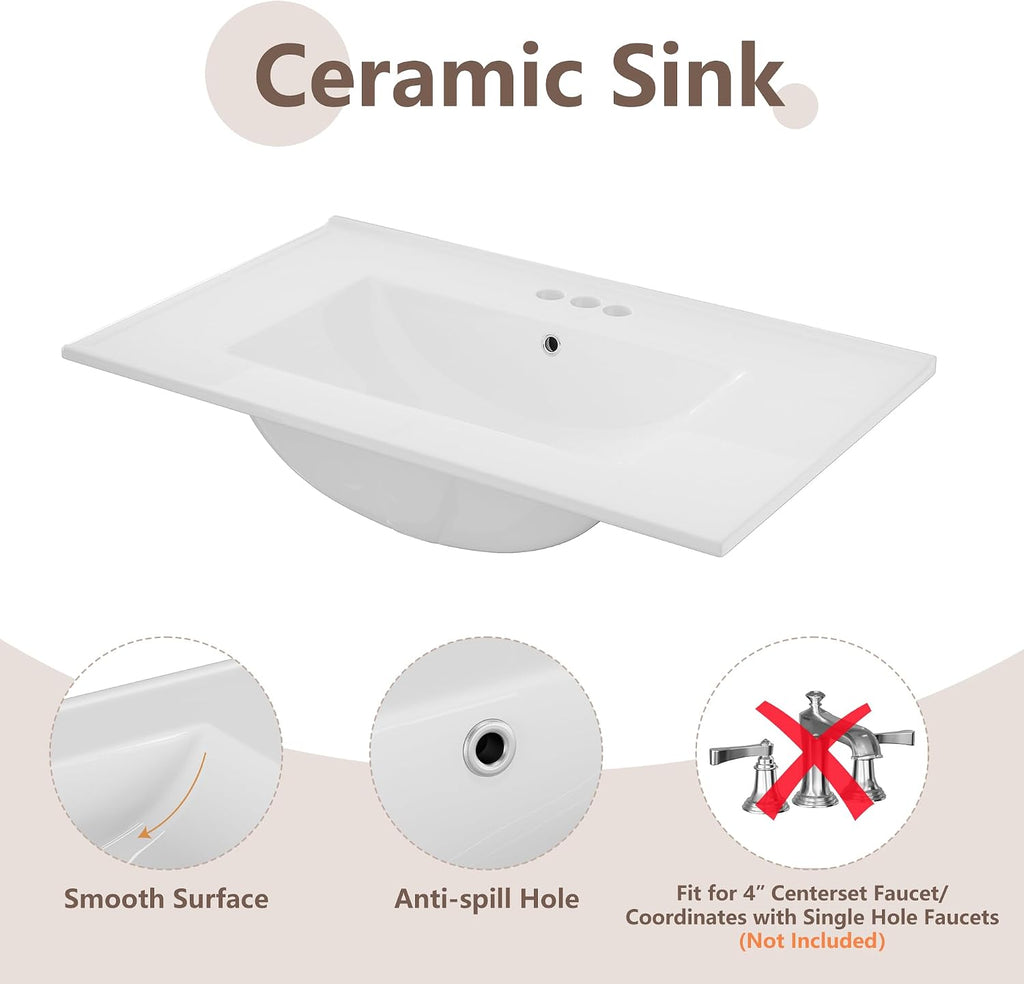 36' Ceramic Bathroom Vanity Sink Top, Modern White Vanity Top for cabinet with Triple Faucet Holes