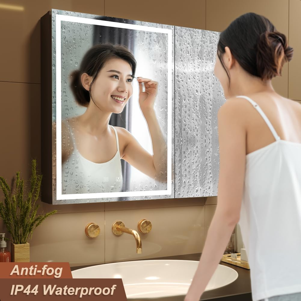 KWW LED Lighted Bathroom Medicine Cabinet with Sockets & USBs, Defogger, Dimmable, 3 Color Light Makeup Mirror, Easy to Install, Wall Mounted Cabinet (2 Door-30 * 28)