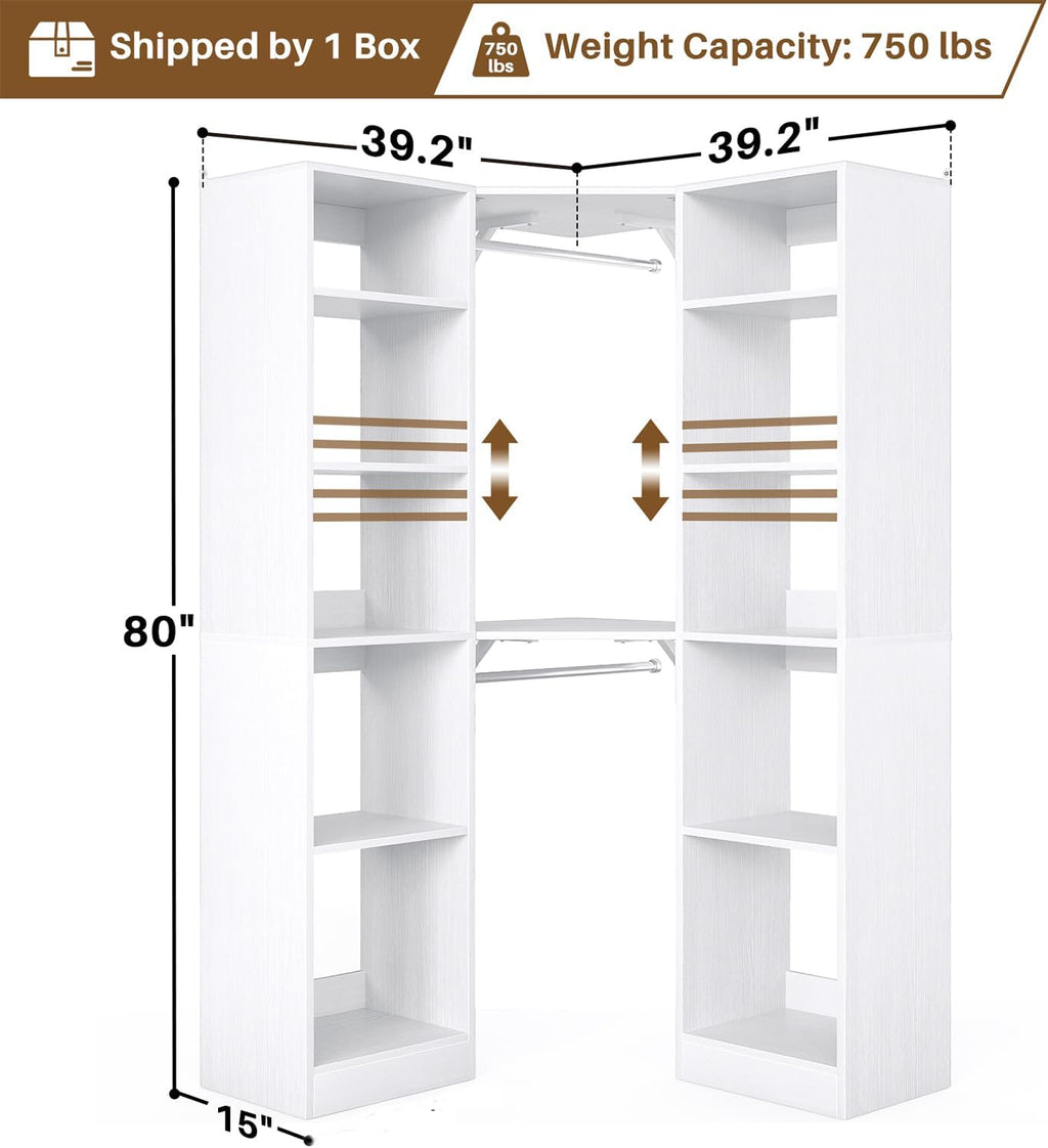 Besiost Corner Closet System with 12 Shelves, 39.2' Corner Closet Organizer System with 2 Hanging Rods, Versatile 6-Tier Walk-in Closets for Corner Space, White (39.2' L x 39.2' W x 80' H)
