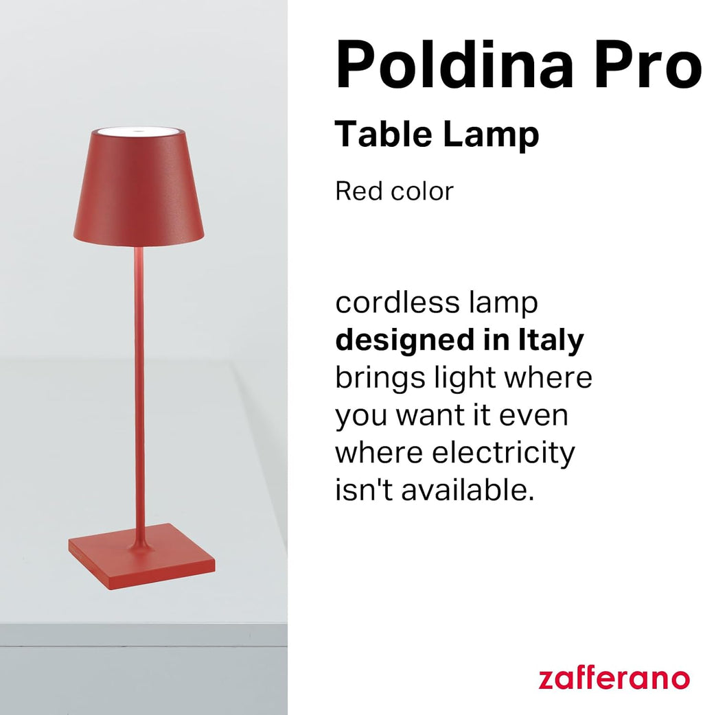 Zafferano, Poldina Pro Lamp, Rechargeable Cordless Table Lamp with Touch Controls, Suitable for Indoor and Outdoor, Dimmer, 2200-3000 K, Height 14.9 Inches, Red Color