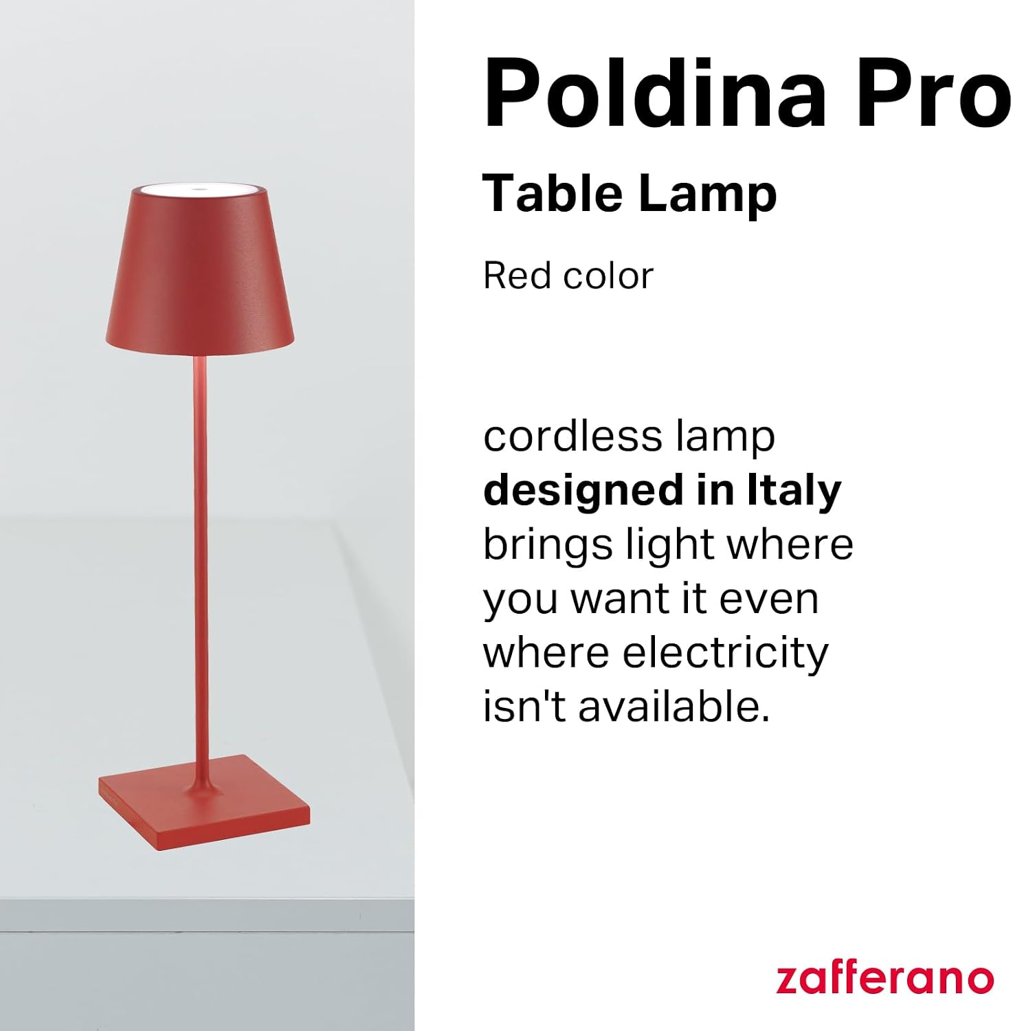 Zafferano, Poldina Pro Lamp, Rechargeable Cordless Table Lamp with Touch Controls, Suitable for Indoor and Outdoor, Dimmer, 2200-3000 K, Height 14.9 Inches, Red Color