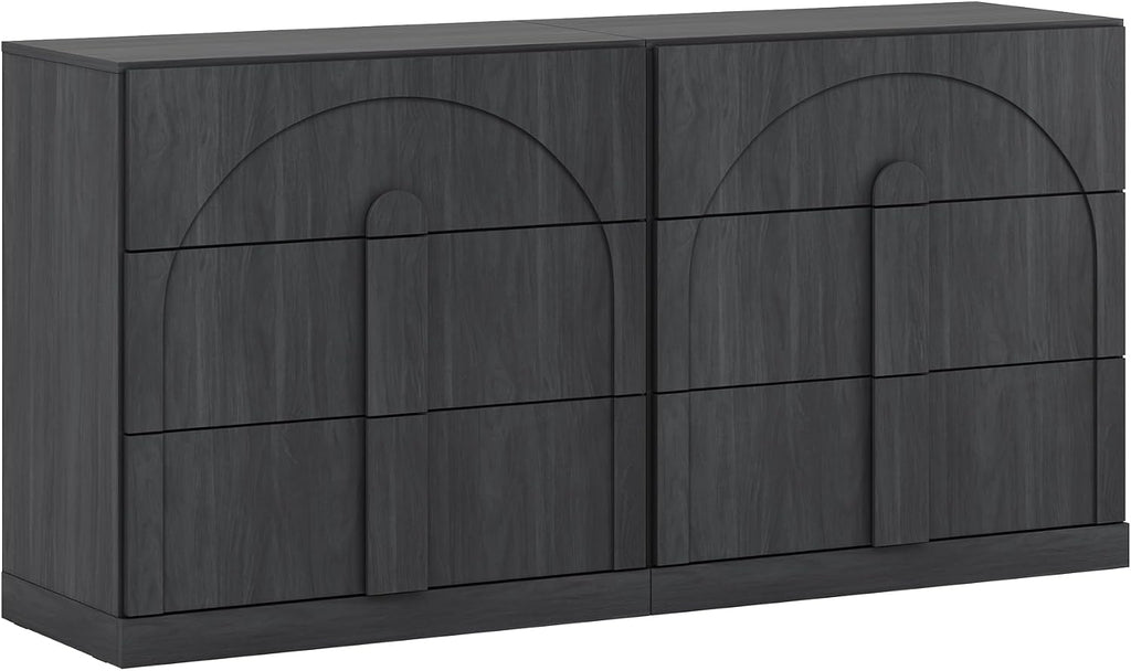 BELLEZE Sideboard Cabinet with 3 Drawers, Set of 2 Modern Wood Buffet Cabinet with Arc Design, Large Fluted Sideboard with Storage for Dining Room Living Room Entryway, Ebony