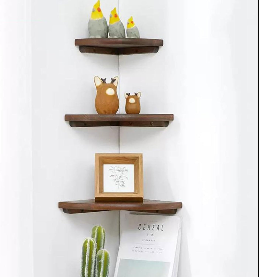 Wall Shelf 3pcs set Corner Floating Shelf, Solid Oak Wood Floating Corner Shelf Wall Mounted , Wall Display Shelf for Small Plant Photo Frame for Bedroom Kitchen, Living (Nature-3pcs Set-One Size)