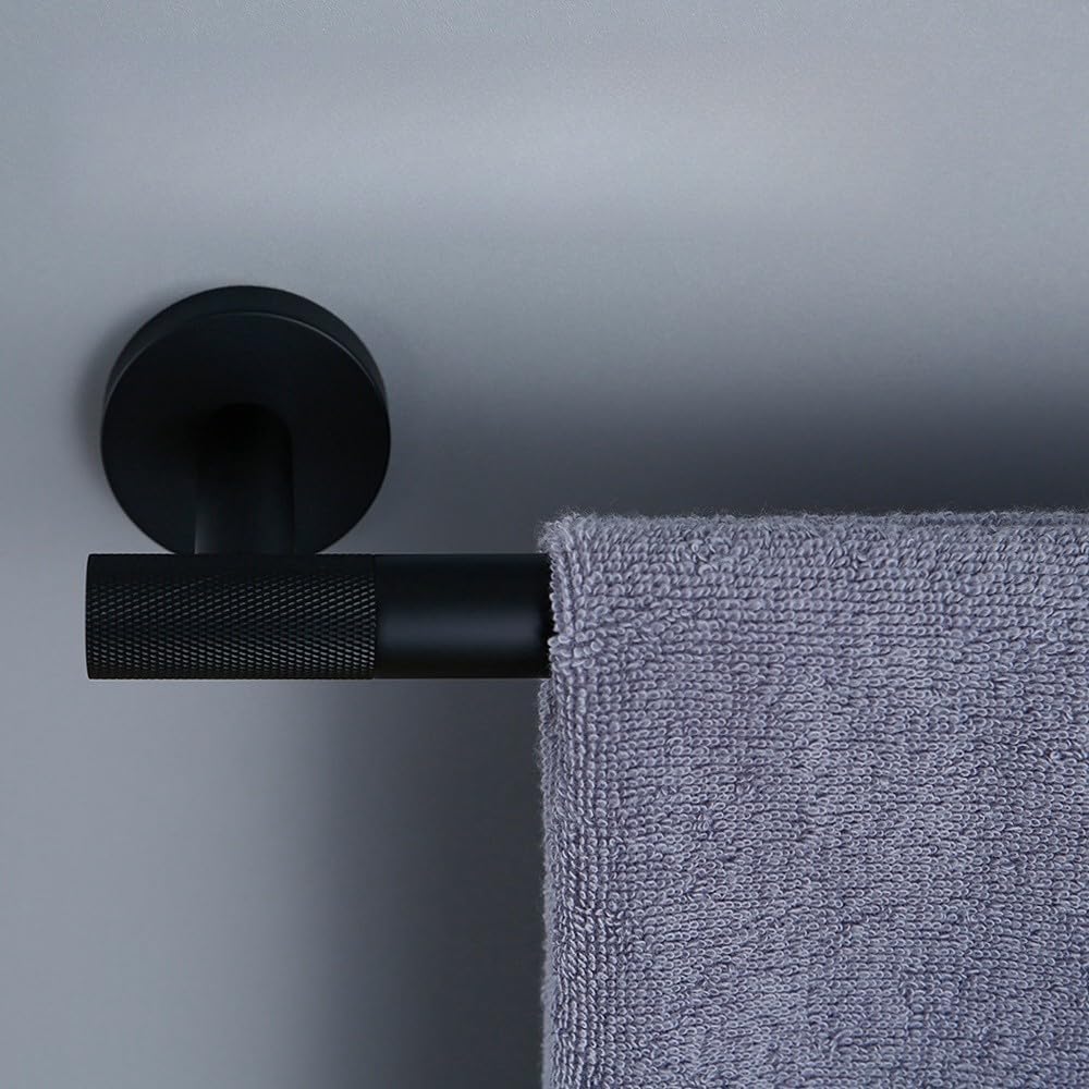 Modern Matte Black Bathroom Hardware Set with Brass Knurled Design Towel Bar Bath Robe Hook Shelf and Toilet Paper Tissue Holder Stylish and Functional Accessories for Your Bathroo