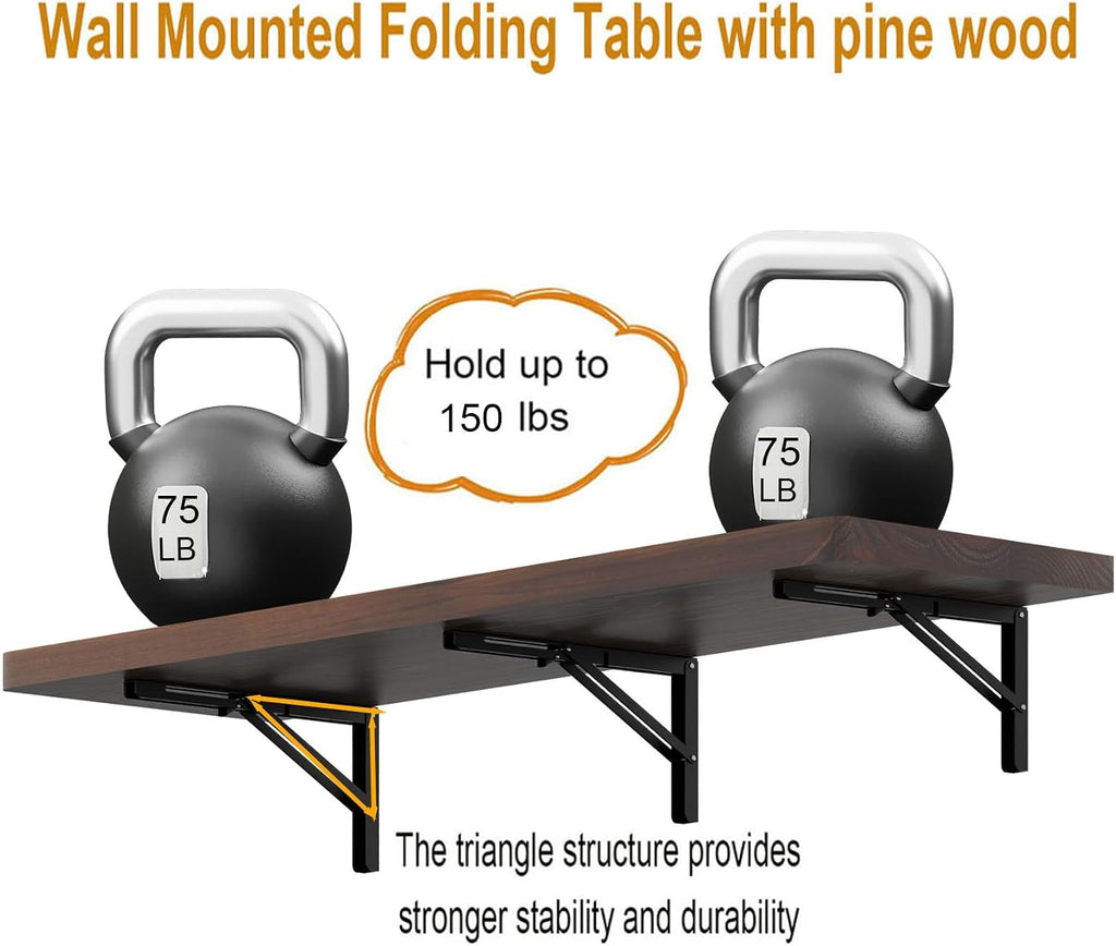 IAE Wall Mounted Folding Table with Pine Wood,55' x 16' Floating Wall Desk,Laundry Folding Table with Shelf Brackets,Fold Down Desk Shelf,Folding Workbench for Home,Dining,Laundry Room,Kitchen,Brown