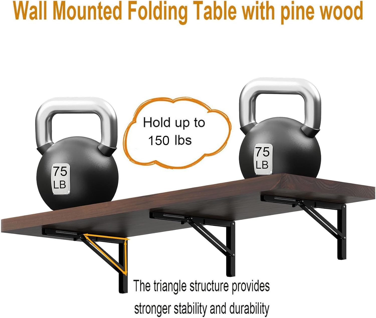 IAE Wall Mounted Folding Table with Pine Wood,55' x 16' Floating Wall Desk,Laundry Folding Table with Shelf Brackets,Fold Down Desk Shelf,Folding Workbench for Home,Dining,Laundry Room,Kitchen,Brown