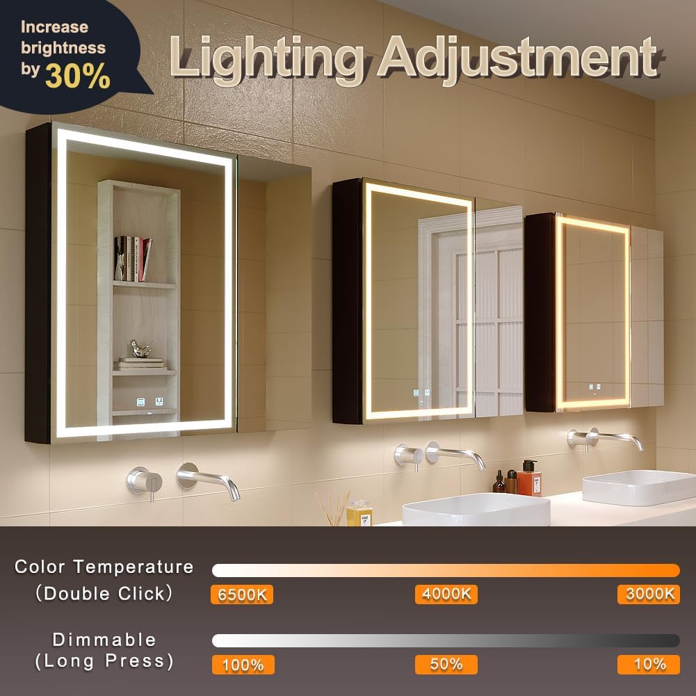 KWW LED Lighted Bathroom Medicine Cabinet with Backlit Panel, Sockets & USBs. Anti-Fog, Dimmable, 3 Color Light Makeup Mirror, Easy to Install, Wall Mounted (Inner Glow-2 door-30 * 28)