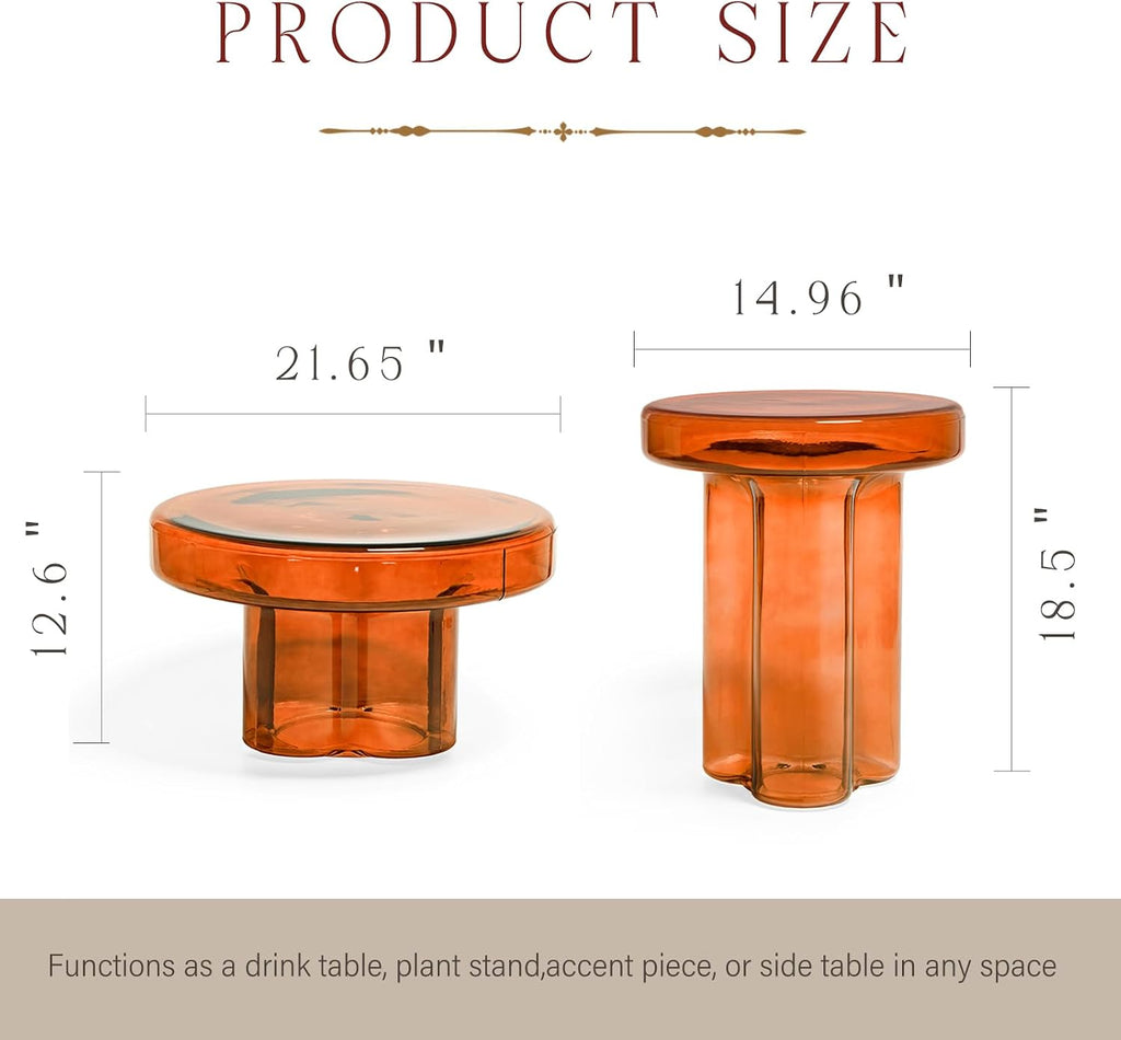 Coffee Table, Round Glass Side Table for Living Room, Modern Small End Table with Tempered Glass Top (Grey Green, 14.96') (Amber, 21.65in*12.6in)