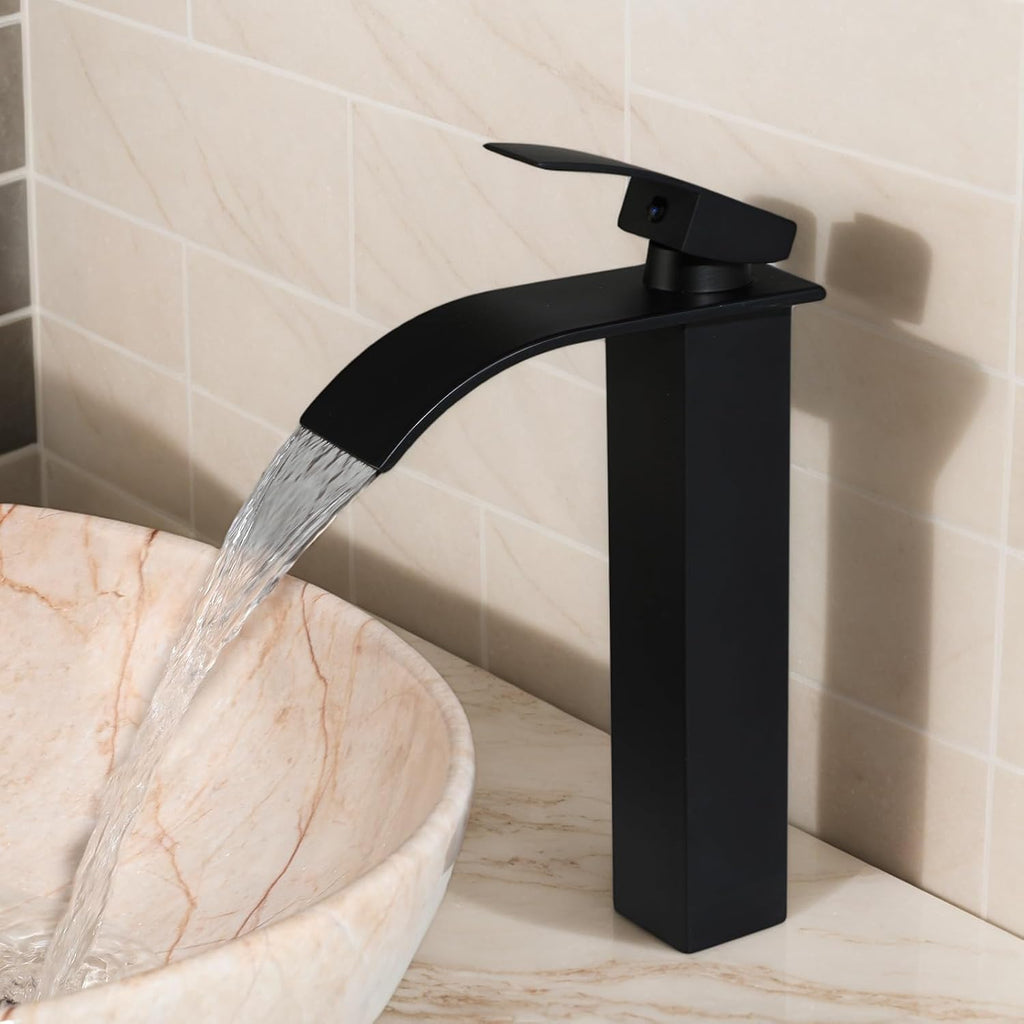 Oval Marbling Vessel Sink with Waterfall Faucet and Pop-up Drain Ceramic Bathroom Sink Above Counter Bowl Sinks for Bathrooms