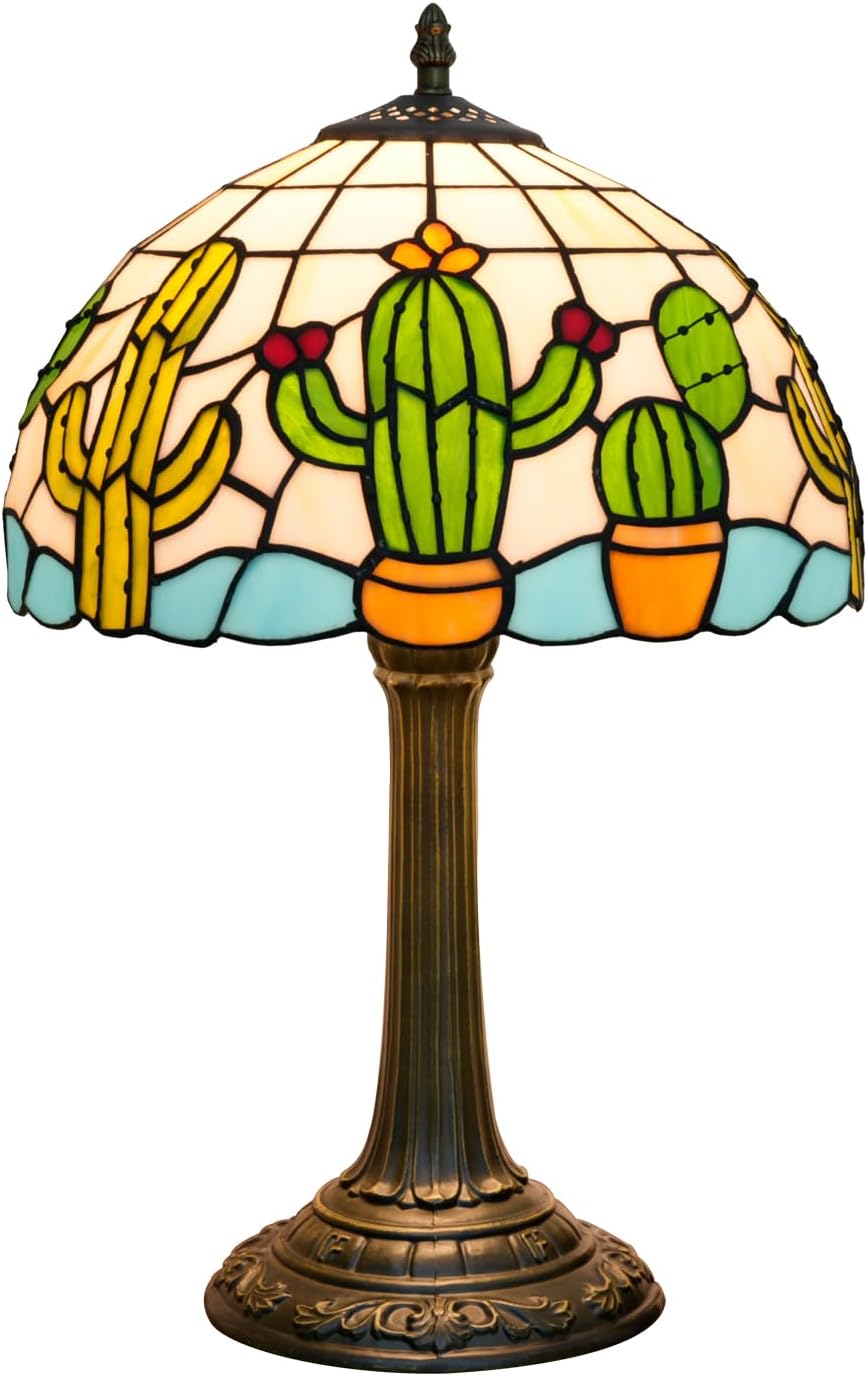 Tiffany Stained Glass Table Lamp Creative Cactus Style Unique Gift for Nature Enthusiasts Bedroom Bedlight Living Room Dining Room Office Desk Home Decor Table Lamp Atmosphere Light