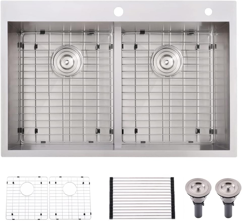 33 Inch Double Bowl Drop In Kitchen Sink-Bokaiya 33x22 Stainless Steel Drop-In Sink Kitchen Top Mount 16 Gauge Deep 50/50 Low-Divide Over Counter Double Bowl Kitchen Sink with Rack&Grid