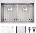 33 Inch Double Bowl Drop In Kitchen Sink-Bokaiya 33x22 Stainless Steel Drop-In Sink Kitchen Top Mount 16 Gauge Deep 50/50 Low-Divide Over Counter Double Bowl Kitchen Sink with Rack&Grid
