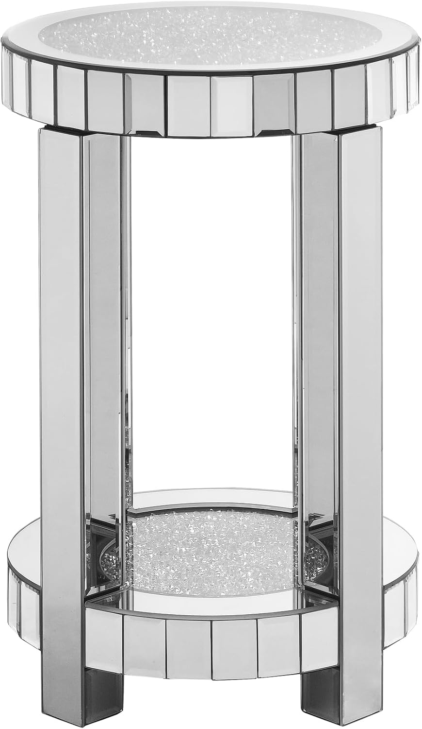 Mirrored Round End Table with Crystal, 2-Layer Modern Small Sofa Table with Storage Space, Silver Decorative Table for Living Room, Bedroom
