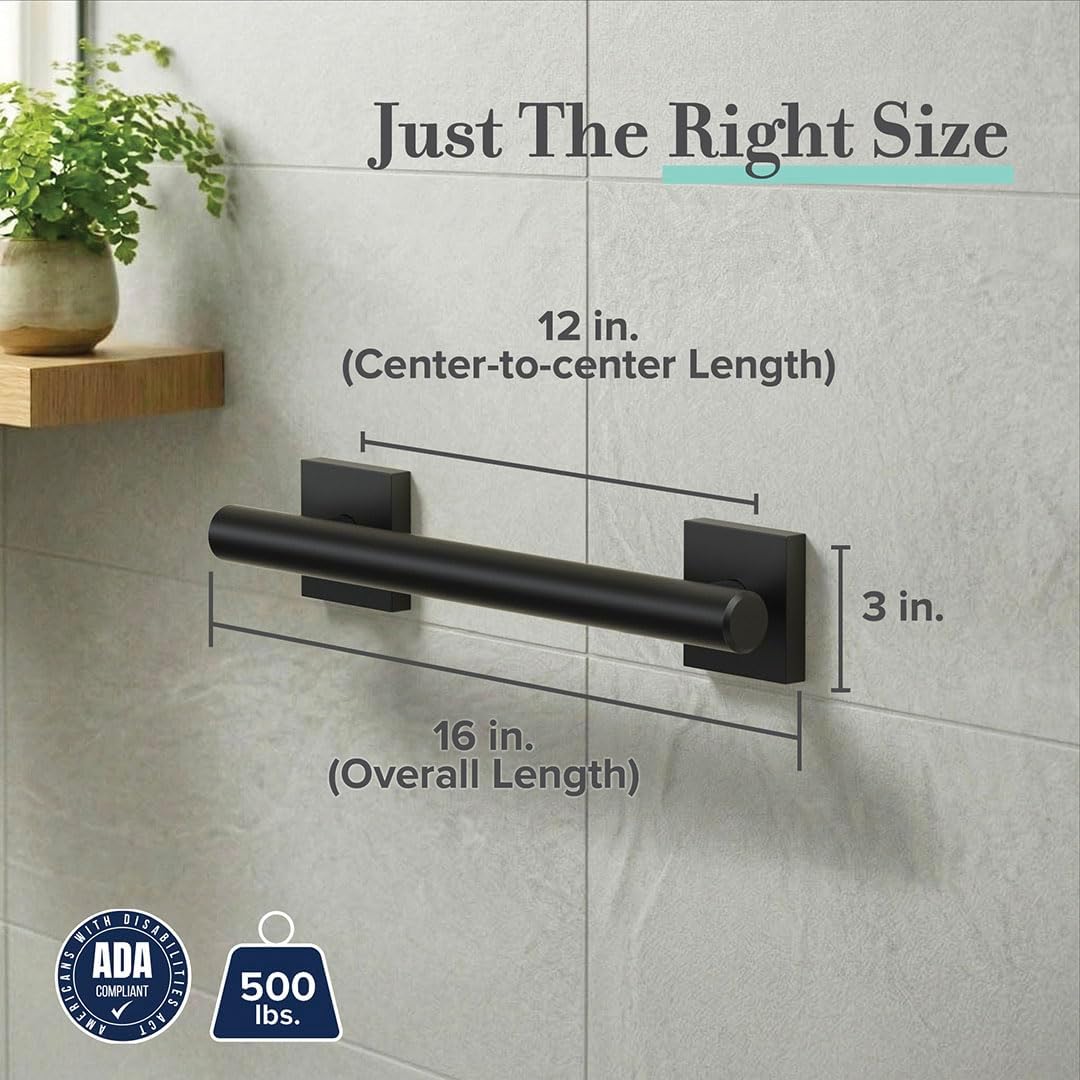 Gatco 940MX Elevate 12' L Grab Bar, Matte Black/ADA Compliant Stainless Steel Safety Grab Bar for Bathroom