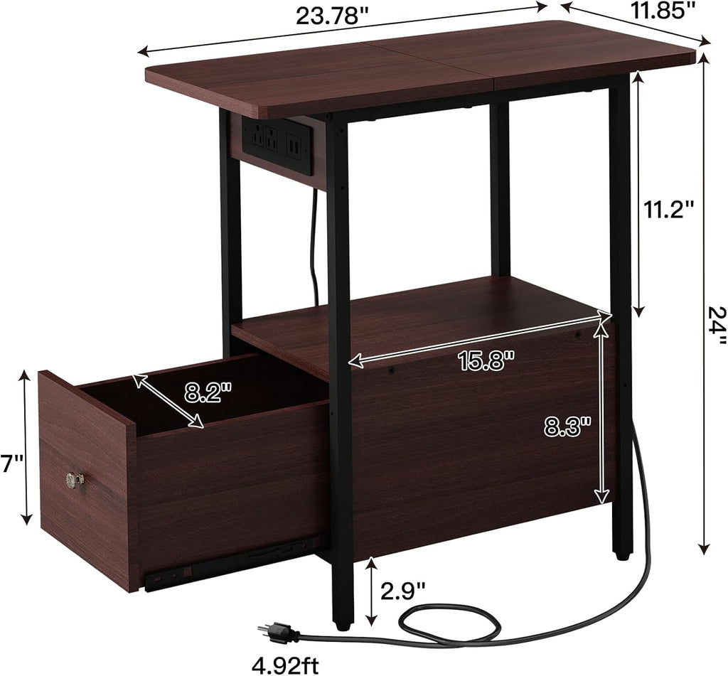 LIDYUK End Table with Charging Station, Narrow Side Table with Drawer and USB Ports & Power Outlets, Nightstand Bedside Tables for Small Spaces, Bedroom, Living Room, Dark Cherry, Set of 2