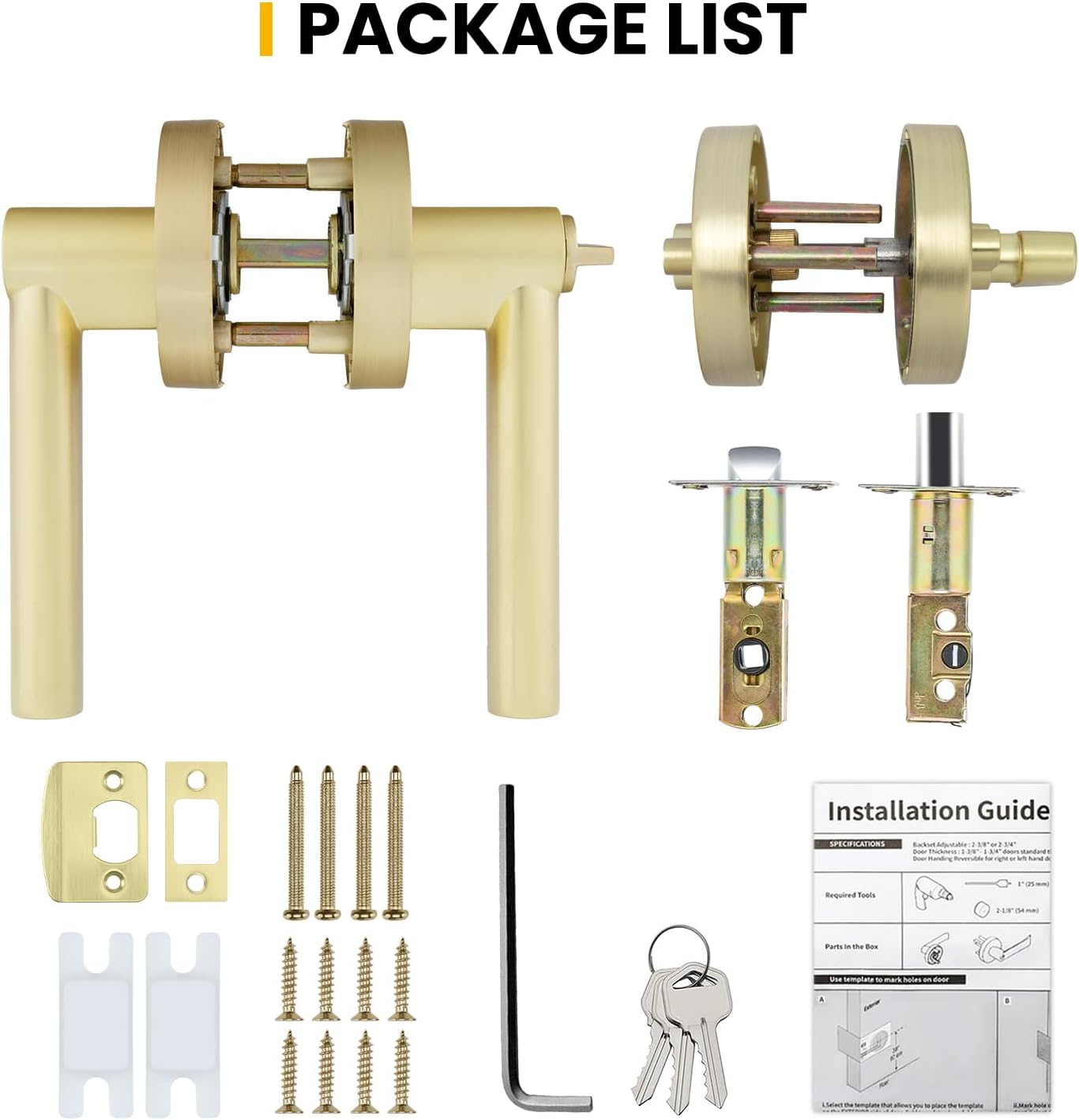 Goldenwarm Exterior Deadbolt and Keyed Entry Door Handle Set, Heavy Duty Zinc Alloy Gold Door Lever, Key Entry Front Brushed Gold Door Handle with Lock and Key(3 Pack)