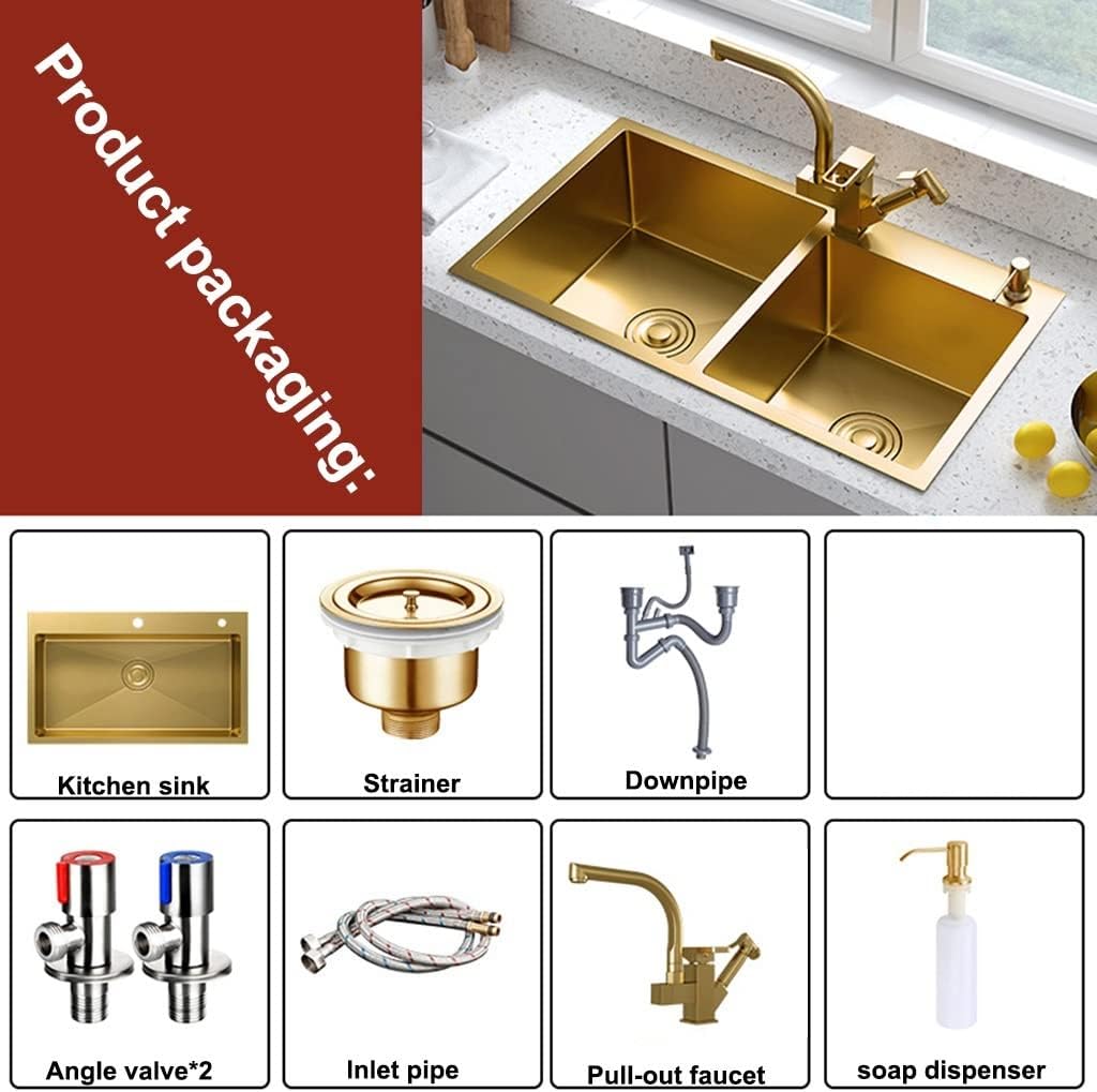Gold Double Bowl Bar Sink 304 Stainless Steel Kitchen Sink with Faucet and Drain Assembly Drop-in Or Undermount (Color : Gold-3, Size : 82x45x22cm) (Gold3 82x45x22cm)