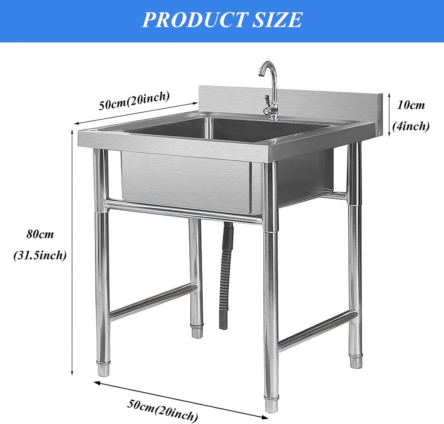 Stainless Steel Prep Utility Sink 1 Compartment Commercial Kitchen Sink with Faucet and Back Splash, Free Standing Utility Prep Single Bowl Sink for Restaurant, Laundry, Garage