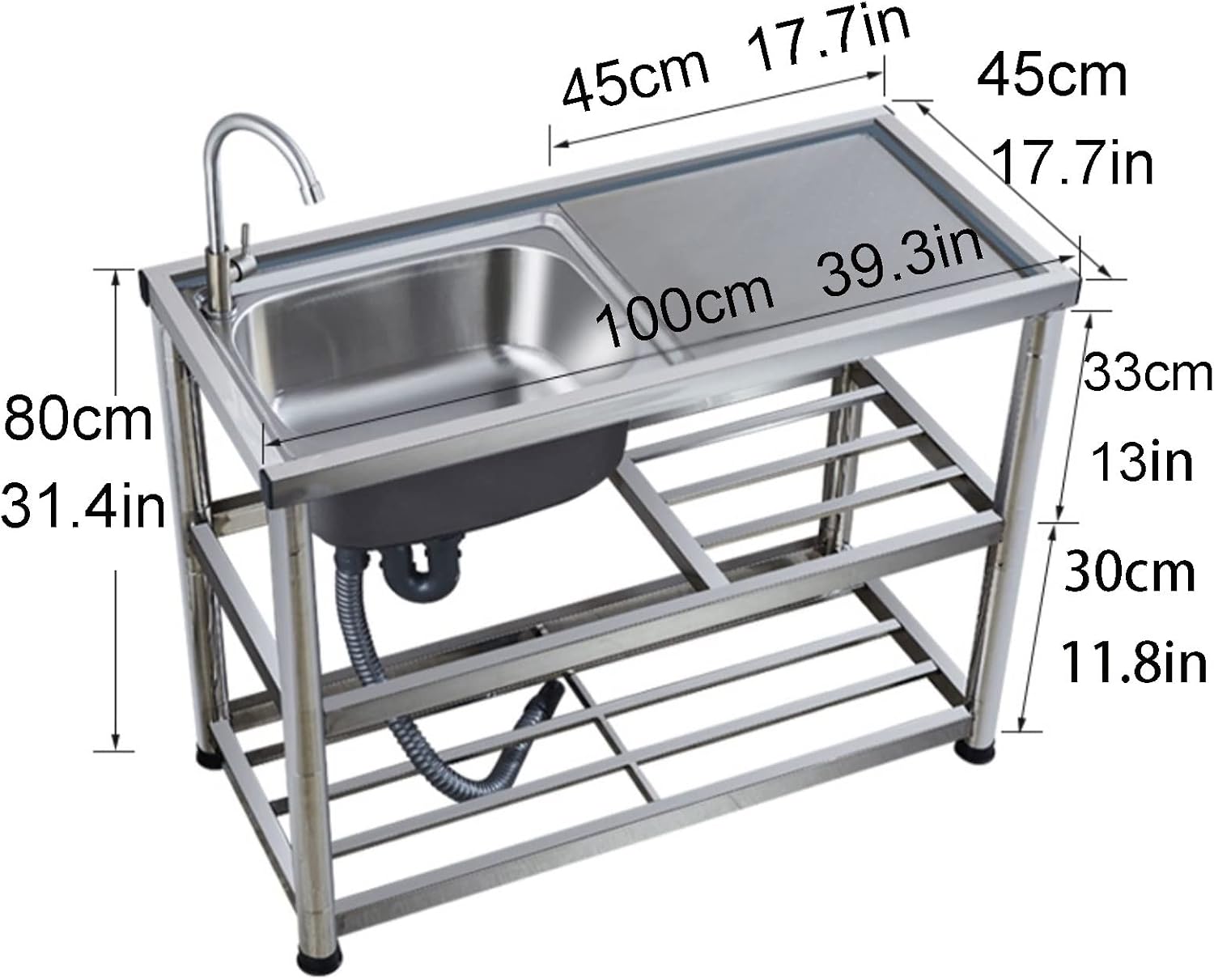 Movable Stainless Steel Kitchen Sink, Commercial 304 Stainless Steel Single Sink Bowl Restaurant Table Utility Sink WashingHand Basin W/Faucetfor Indoor Outdoor