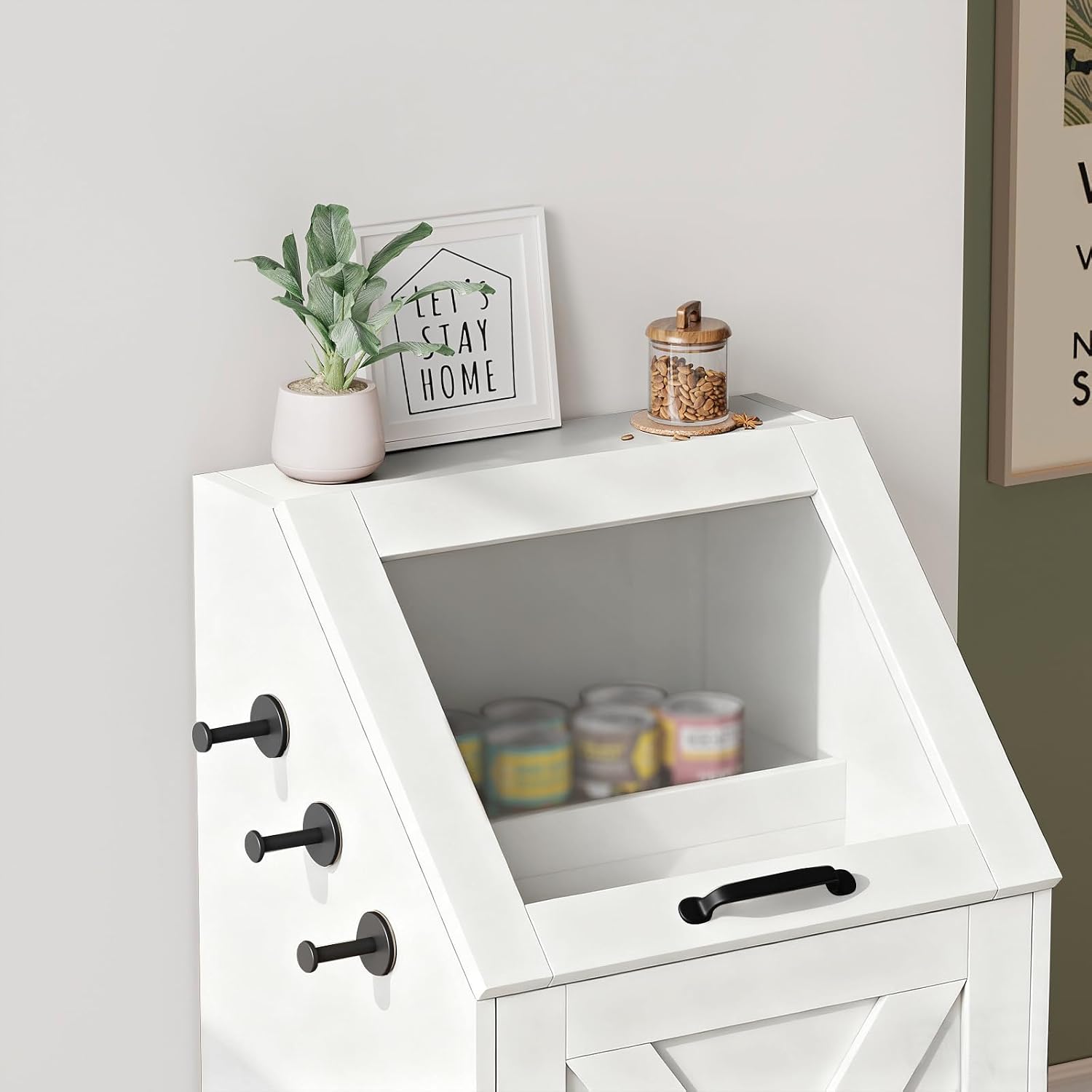Dog Feeding Station with Storage,Wooden Pet Food Storage Cabinet,Equipped with 2 High Footed Bowls and 3 Hooks,Top Glass Flip Cover,Anti Tipping Device (Dog Feeding Station-White)