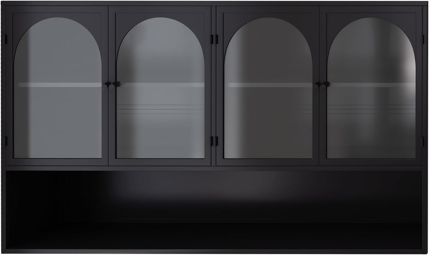 Retro Style Tempering Glass Door Wall Cabinet with Detachable Shelves and Open Shelves，for Office Dining Room,Living Room, Kitchen and Bathroom.Black