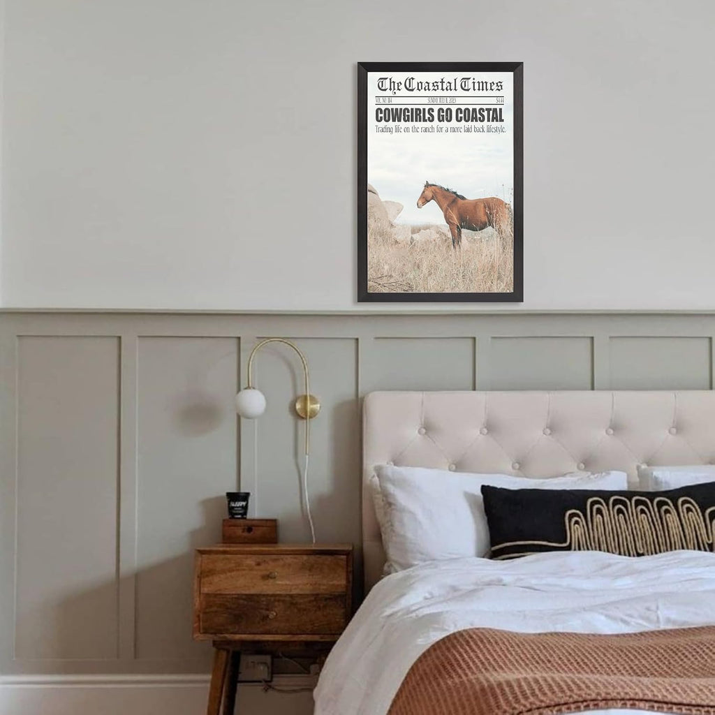 Black Framed Flat Vintage Cowgirls Go Coastal Newspaper Poster Horse Rocks And Coastal Grass Canvas Wall Art Shoreline Prints Painting For Home Bedroom Dorm Wall Decor 24x36in Black Framed Flat