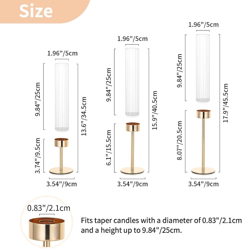 NUPTIO Hurricane Glass Candles Holder: 18 Pcs Gold Taper Candle Stick Holder Bulk - Modern Candlestick Decor with Tall Ribbed Chimney Sleeve for Thanksgiving Christmas Centerpiece