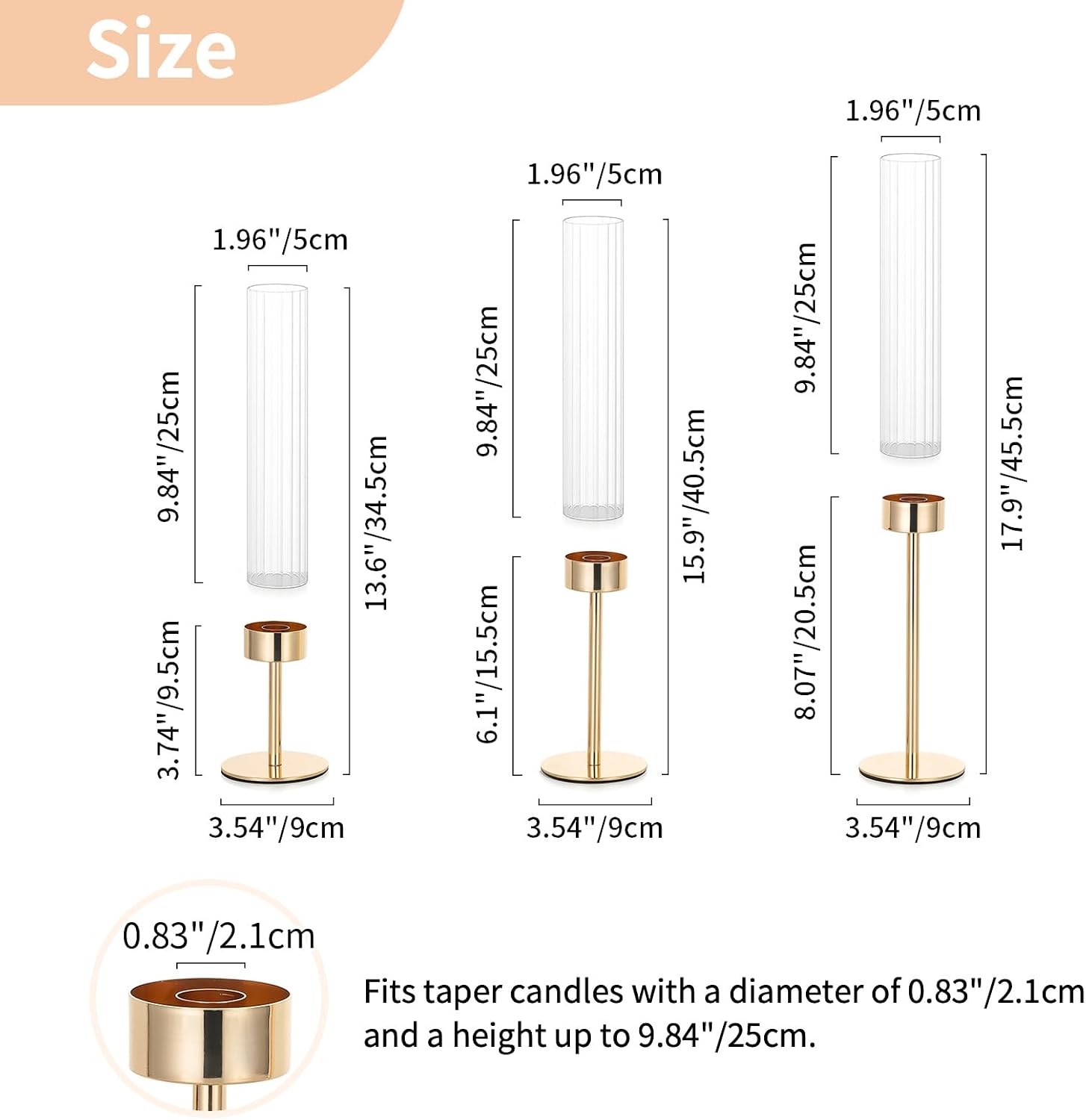 NUPTIO Hurricane Glass Candles Holder: 18 Pcs Gold Taper Candle Stick Holder Bulk - Modern Candlestick Decor with Tall Ribbed Chimney Sleeve for Thanksgiving Christmas Centerpiece