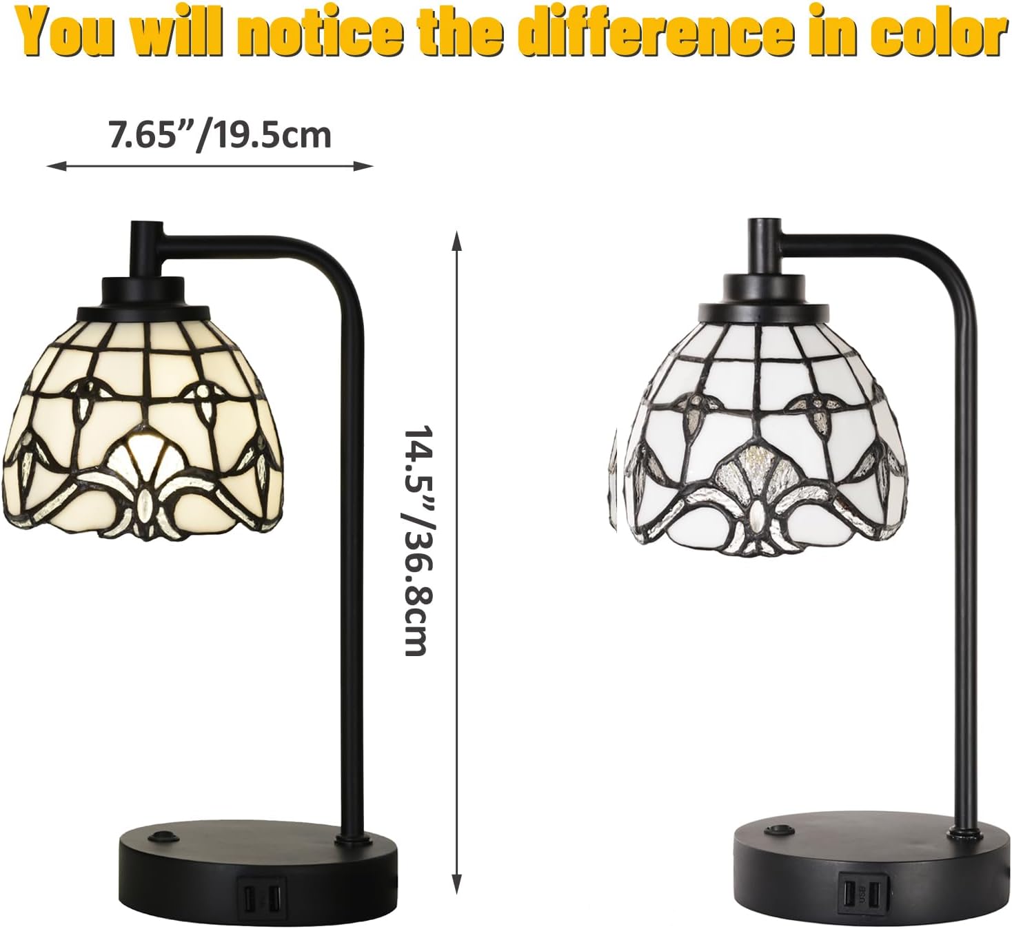 TL0020 Tiffany Table Lamp with 2 USB Charging Ports, Desk Lamp with White Baroque Stained Glass Lamp Shade, Retro Nightstand H 14.5' for Bedrooms Office Study, LED Bulbs Included (White)