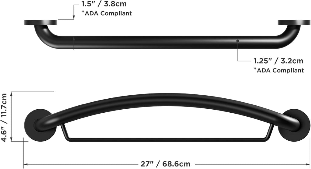 HEALTHCRAFT Plus Towel Bar & Grab Bar 24', ADA Safety - Matte Black, 500 Lbs