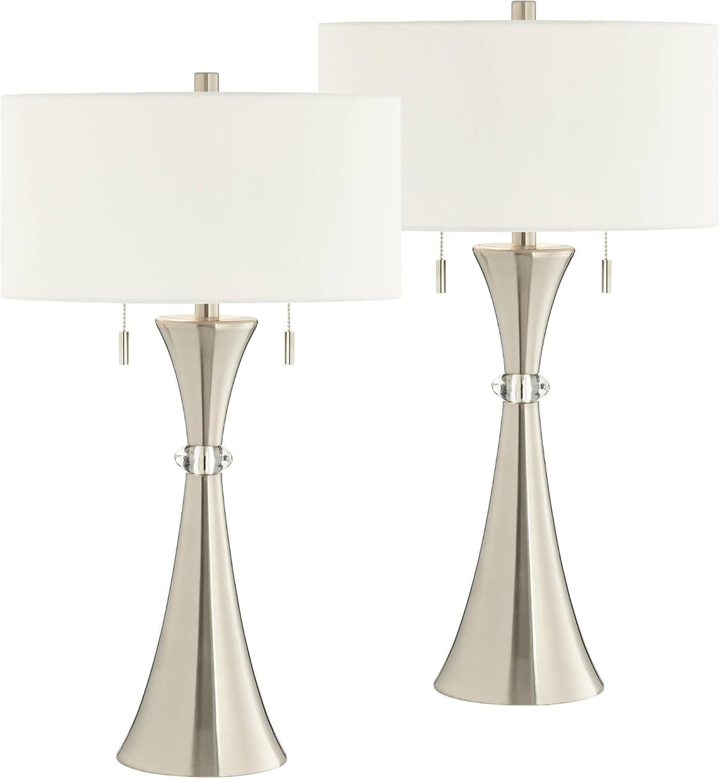 360 Lighting Rachel 28' Tall Concave Column Modern Table Lamps Set of 2 with Smart Sockets Pull Chain Silver Metal Living Room Bedroom Bedside Nightstand House Office Home Reading White Shade