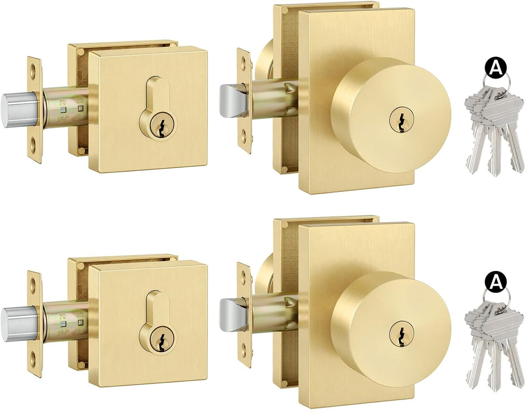 Haidms Gold Door Knob with Deadbolt, Zinc Alloy Brushed Gold Keyed Alike Exterior Door Lock Set,Heavy Duty Brushed Brass Front Door Knob and Deadbolt Set with Lock and Key, Reversible (2 Pack)