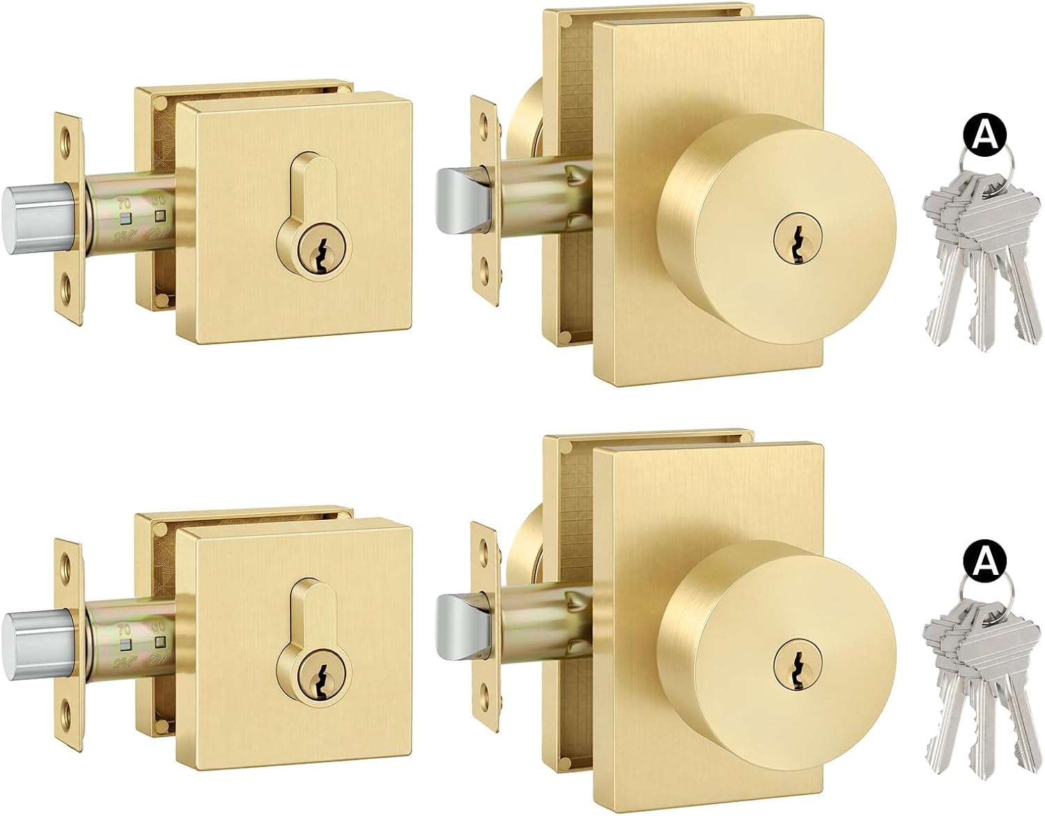 Haidms Gold Door Knob with Deadbolt, Zinc Alloy Brushed Gold Keyed Alike Exterior Door Lock Set,Heavy Duty Brushed Brass Front Door Knob and Deadbolt Set with Lock and Key, Reversible (2 Pack)