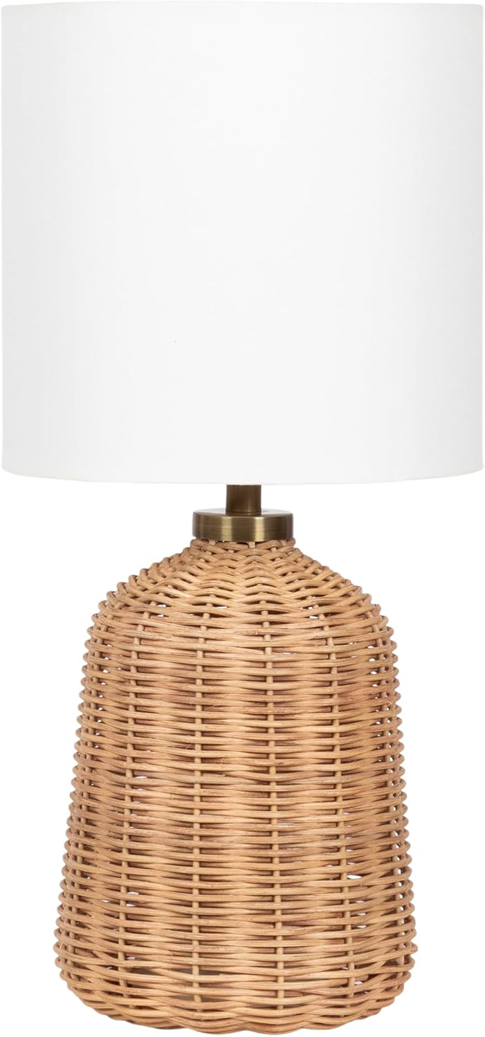 Kate and Laurel Wylla Modern Rattan Bedside Table Lamp, 8 x 8 x 18, Natural Rattan, Decorative Woven Tabletop Desk Lamp with Linen Shade for Living Room Decor