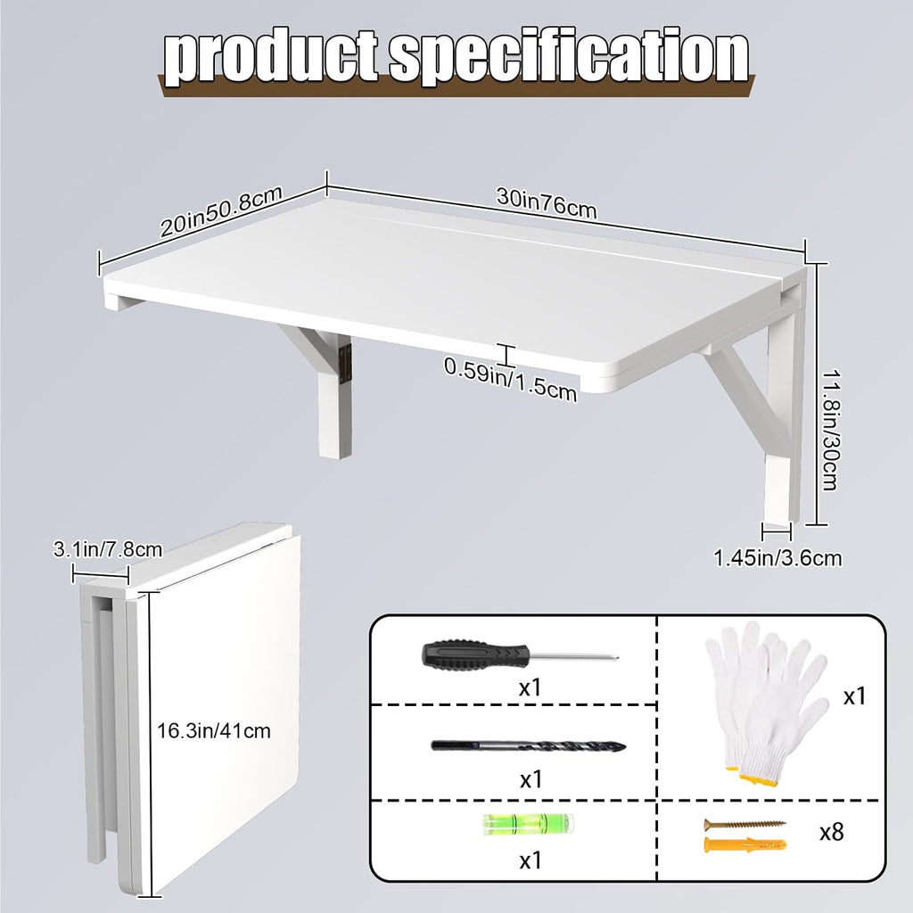 MM MELISEN Wall Mounted Folding Table, 29.5'L x 19.6'W, White, Space-Saving Design