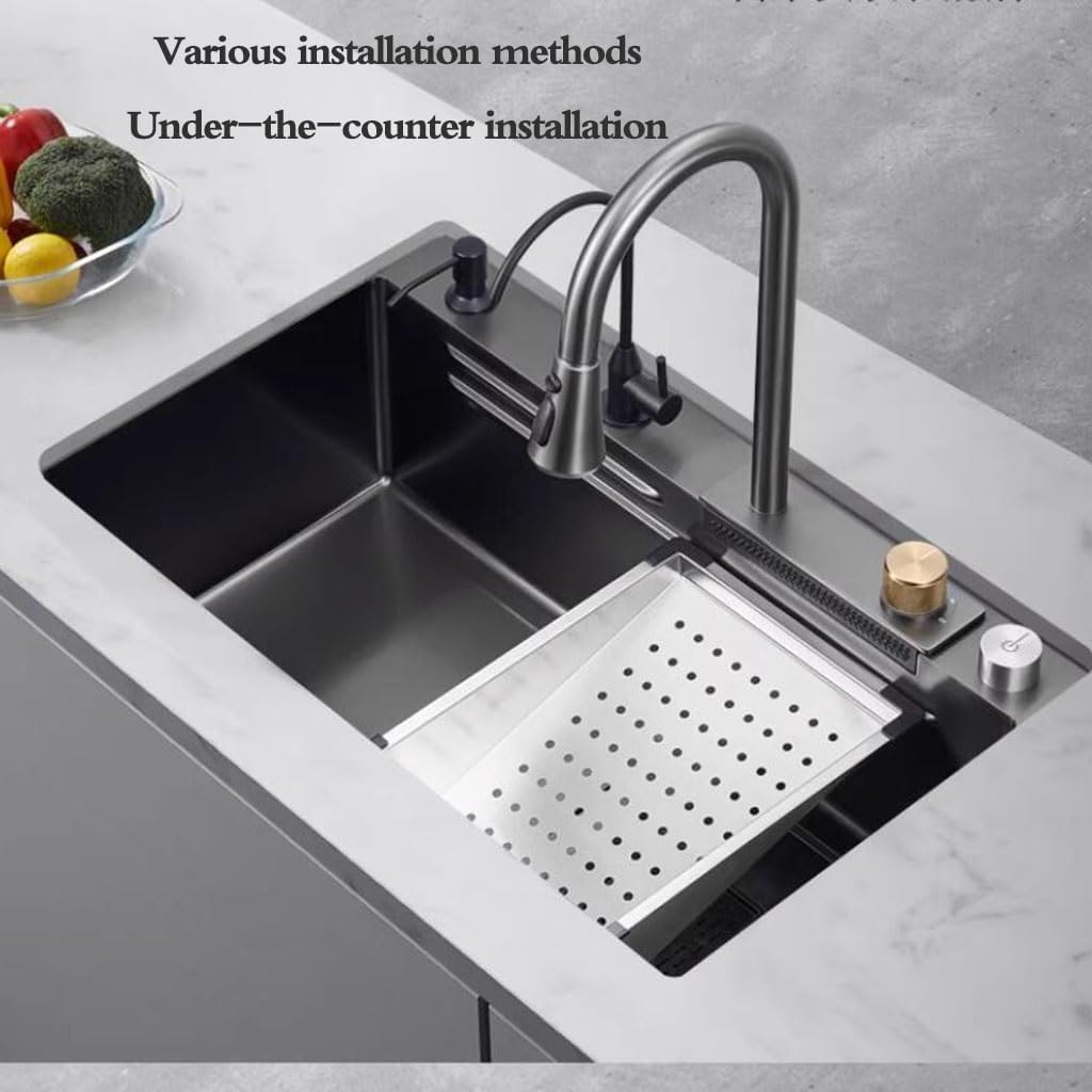 Kitchen Sinks, Single Bowl Home Kitchen Waterfall Sink Stainless Steel Vegetable Washibasin Balcony Pool Large Capacity Single Bowl Sink (75 * 45 * 22Cm