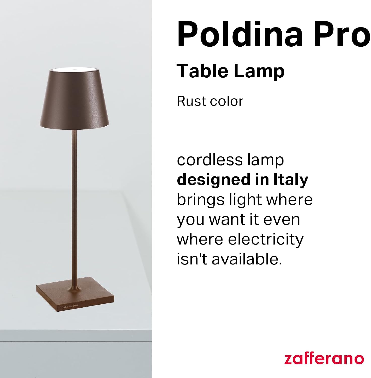 Zafferano, Poldina Pro Lamp, Rechargeable Cordless Table Lamp with Touch Controls, Suitable for Indoor and Outdoor, Dimmer, 2200-3000 K, Height 14.9 Inches, Rust Color