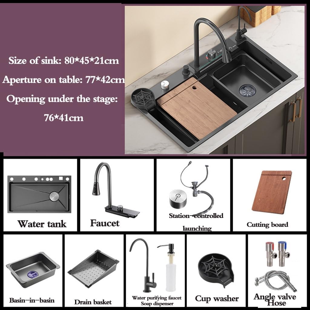 Single Bowl Siphon Sink with Cup Washer Faucet Drain Basket Large Size Single Bowl Sink Stainless Steel Digital Waterfall Flume Kitchen Embedded Sink Easy t(80 * 45 * 21Cm