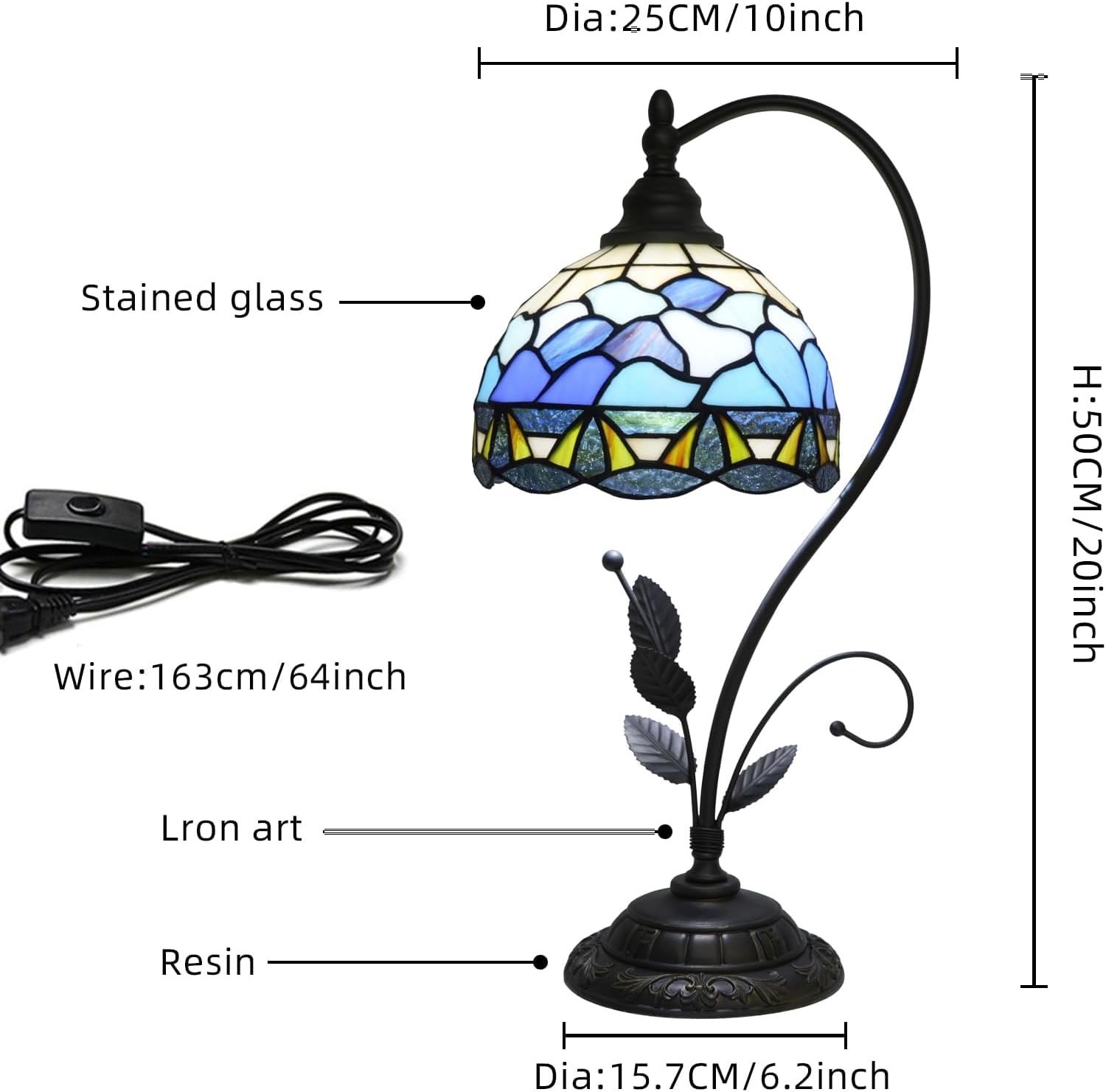 Blue Ocean Shell Style Tiffany Stained Glass Metal Leaf Base Table Lamp Retro Bedroom Bedlight Living Room Dining Room Home Decoration Desk Lamp