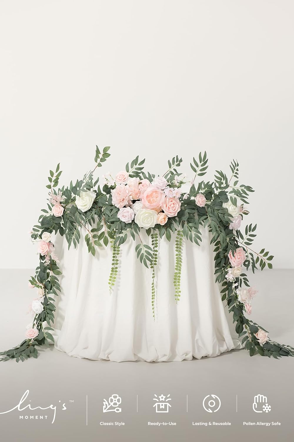 Ling's Moment 9FT Flower Garland for Backdrop Decorations - Wedding Arch Flowers, Eucalyptus & Rose, Artificial Floral Garland for Mantle - Sweetheart Table Decor for Ceremony Reception, French Pink