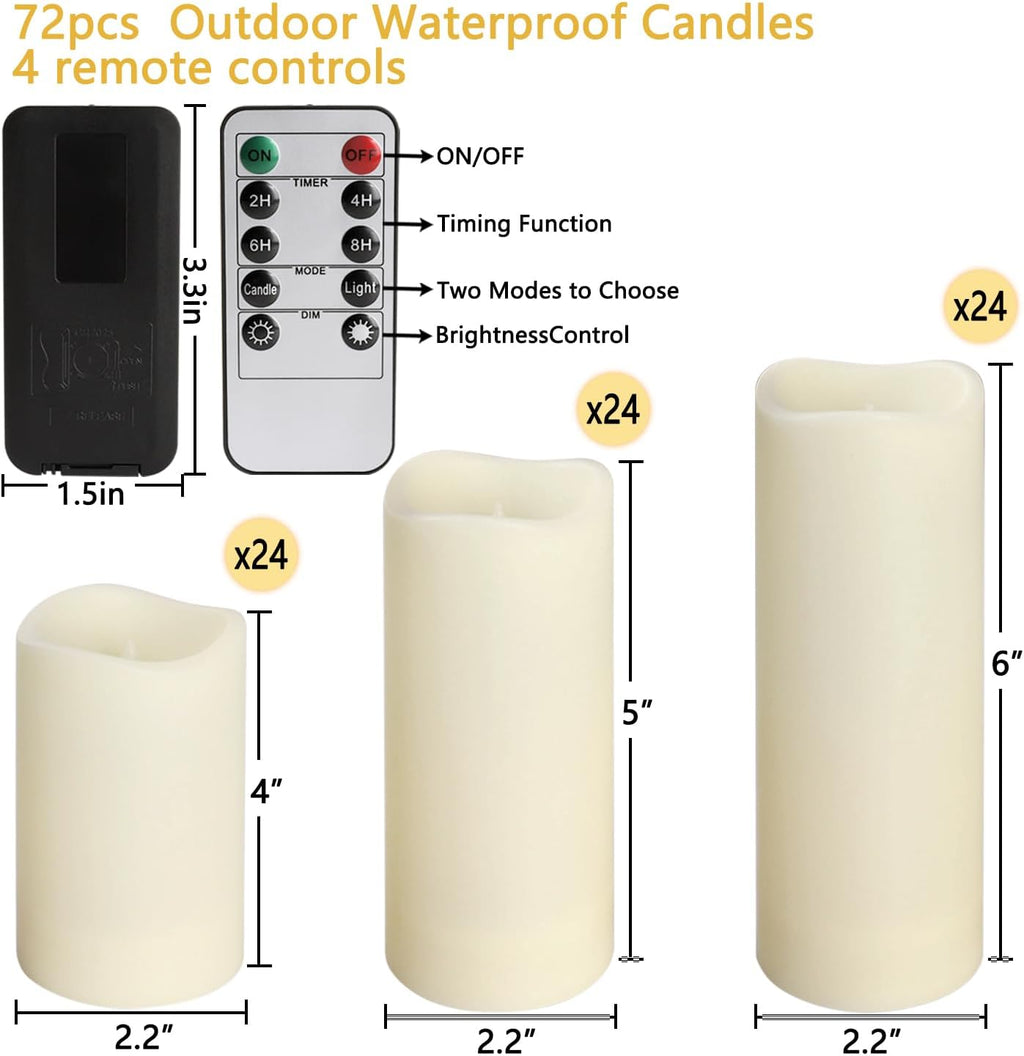 72-Pack Realistic Flameless LED Candle, Battery Operated with Remote Control, 3D Flame Pillar Timer Funtion Melted Top Safe,Perfect for Indoor/Outdoor Decor,Wedding,BBQ and Gift.