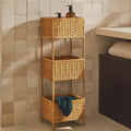 3 Tier Rattan Storage Rack, Hand-Woven Storage Shelves, Boho Basket Stand with Metal Frame, Rattan Corner Shelf for Living Room, Kitchen, Laundry, Bathroom
