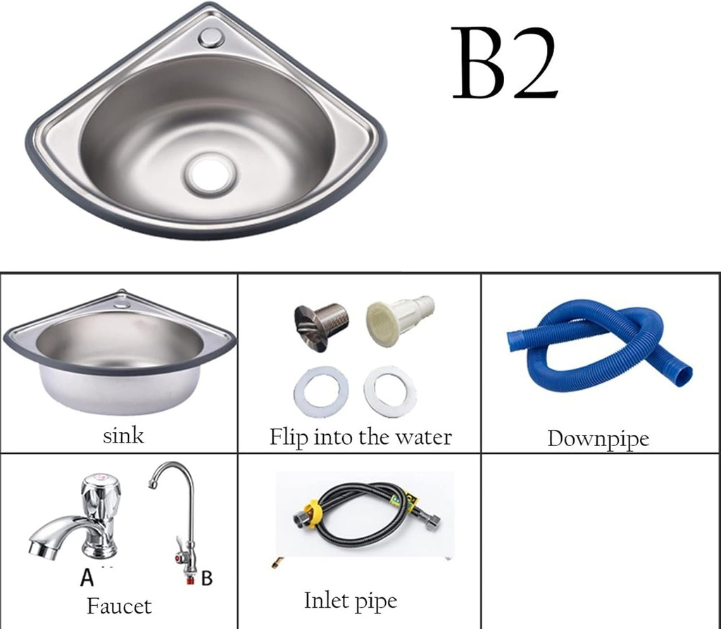 Single Bowl Sink Stainless Steel Triangle Wash Basin, Wall-Mounted Corner Sink Thick Wash Basin for RV, Campervan (Color : Silver, Size : B4(34x34cm)) (Silver B2(34x34cm))