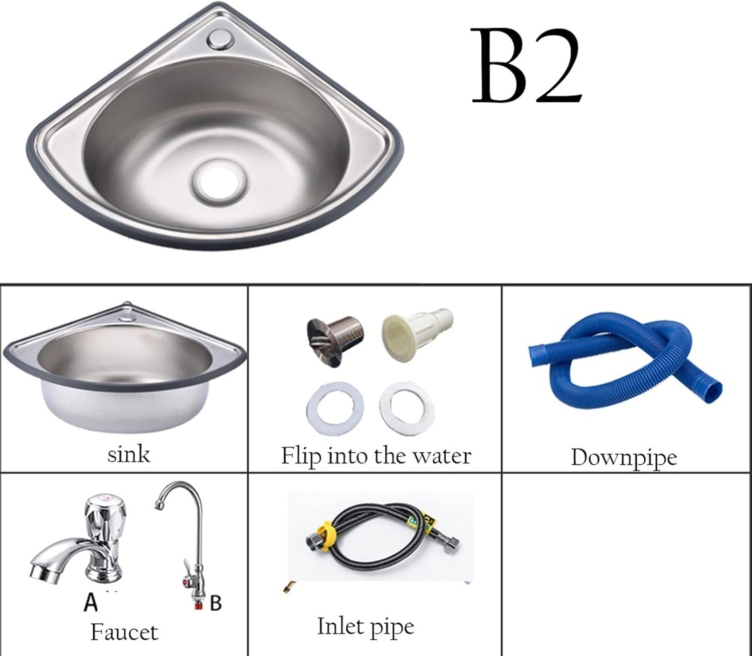 Single Bowl Sink Stainless Steel Triangle Wash Basin, Wall-Mounted Corner Sink Thick Wash Basin for RV, Campervan (Color : Silver, Size : B4(34x34cm)) (Silver B2(34x34cm))