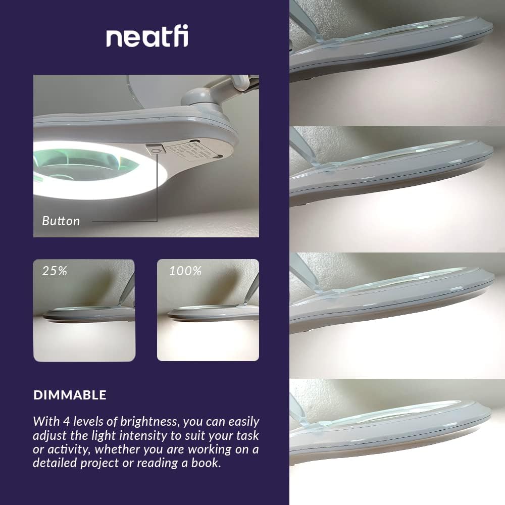 Neatfi LED Bifocal Magnifying Lamp 1,200 Lumens – 5' Glass Lens, Dual Magnification 3X/6X, Dimmable Task Light | Adjustable Arm with Clamp | Crafting, Jewelry & Reading (8 Diopter + 20 Diopter, White)